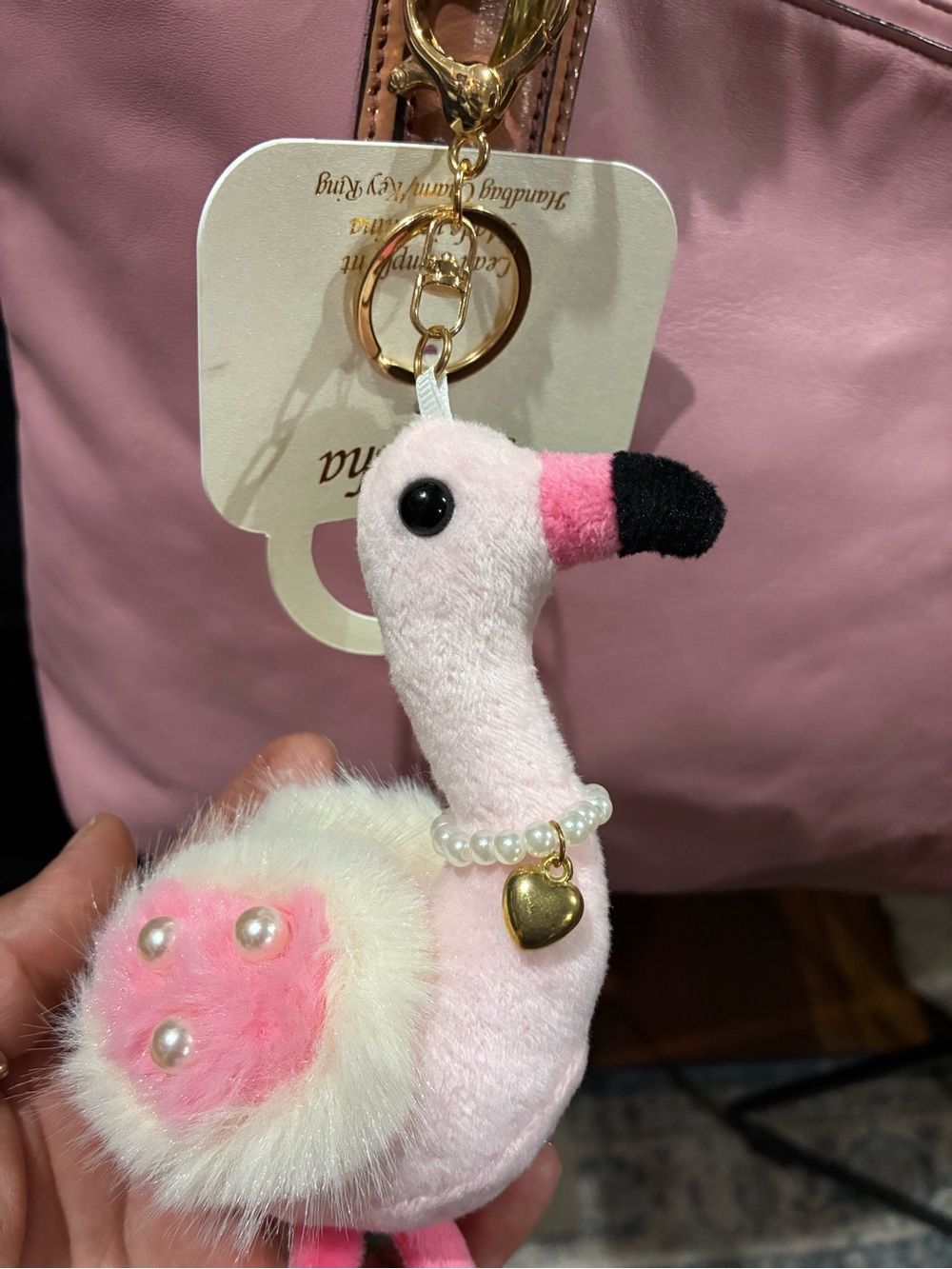 Natasha Pink Plush Flamingo Keychain with Pearl Necklace and Gold Heart